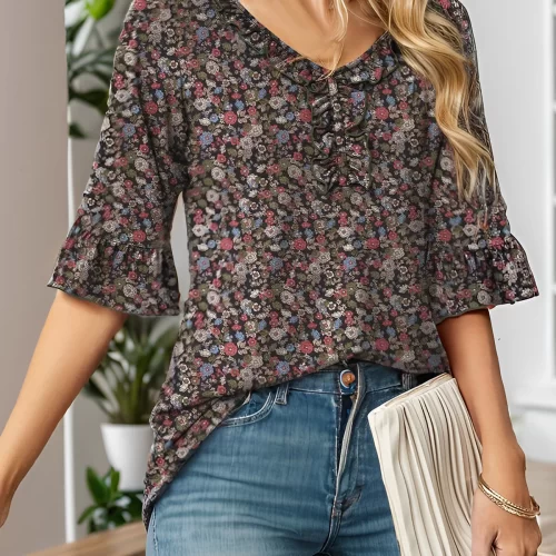 floral wrinkle v neck flare blouse 16612 2