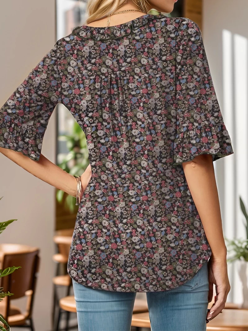 floral wrinkle v neck flare blouse 16612 4