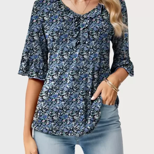 floral wrinkle v neck flare blouse 16622 1